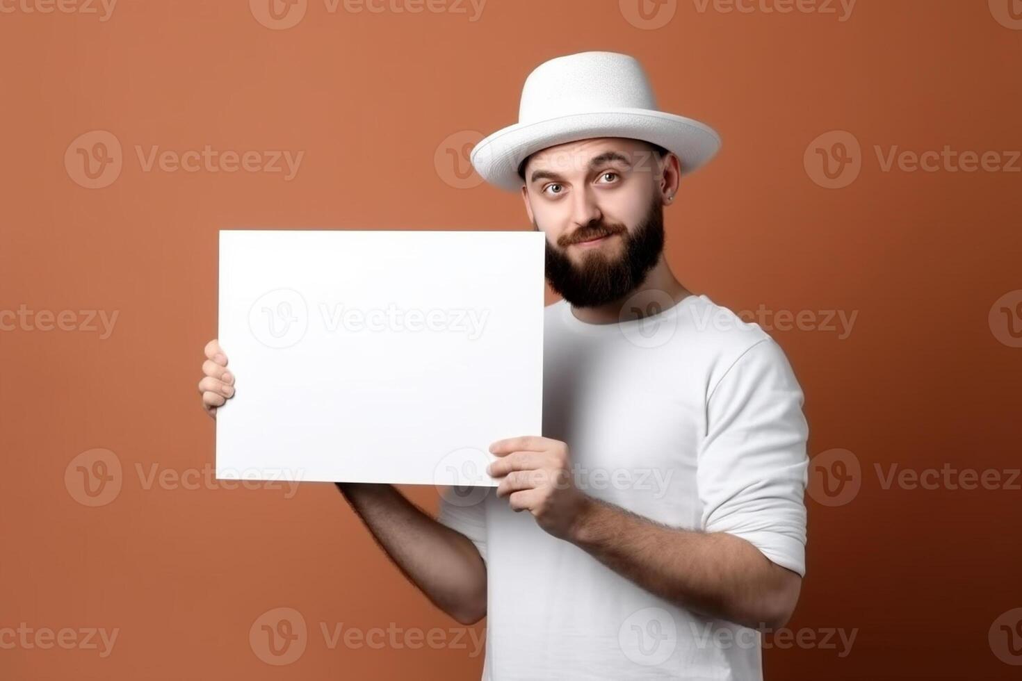 A man holds a blank white sign board mockup in his hand photo