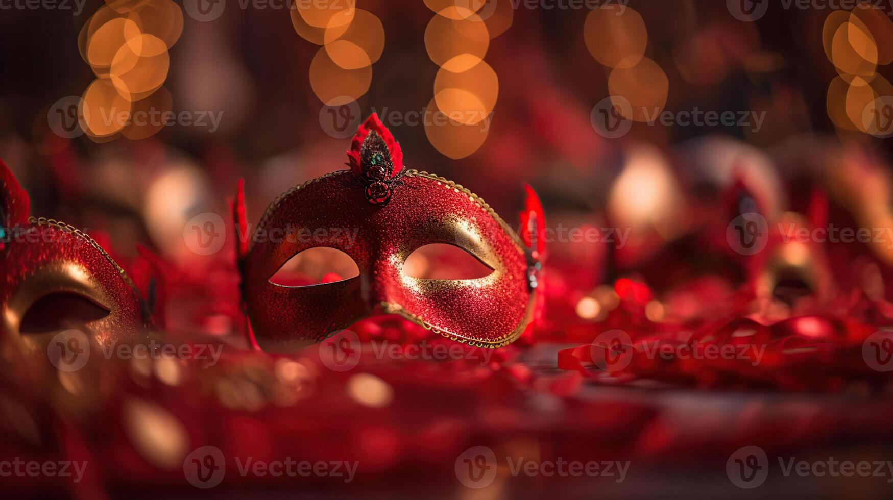 carnaval fiesta - veneciano mascaras en rojo Brillantina con brillante serpentinas en resumen desenfocado bokeh luces con Copiar espacio para texto, generativo ai foto