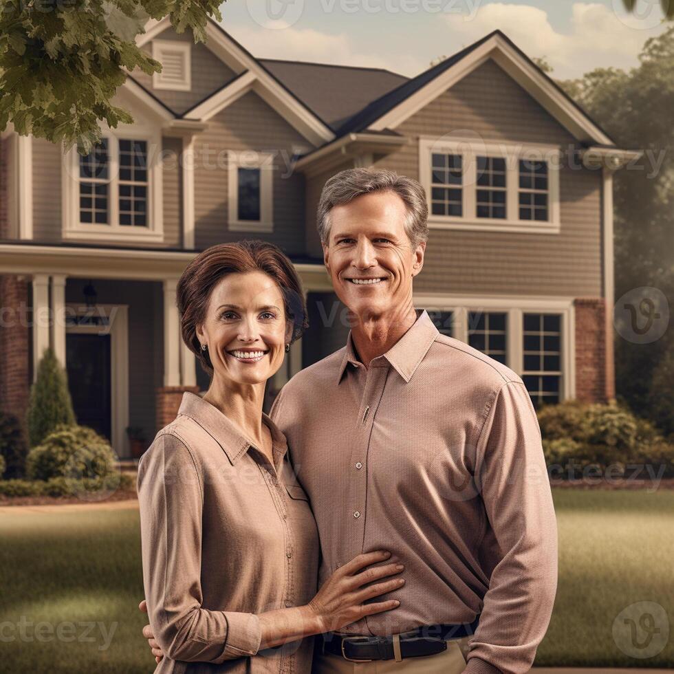 Portrait of happy mature couple standing in front of their new house photo