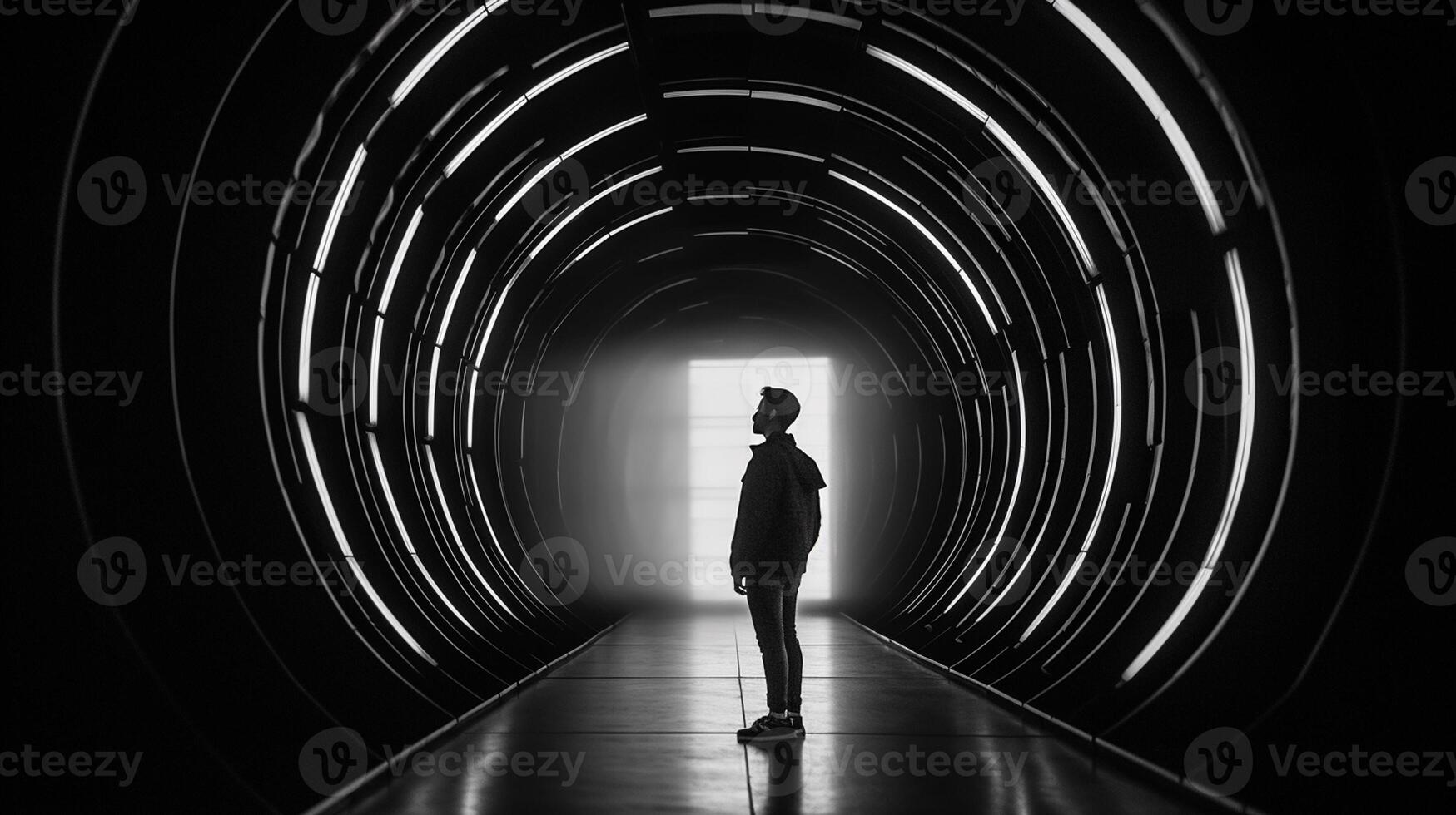 Silhouette of a man standing in a dark tunnel and looking at the light photo