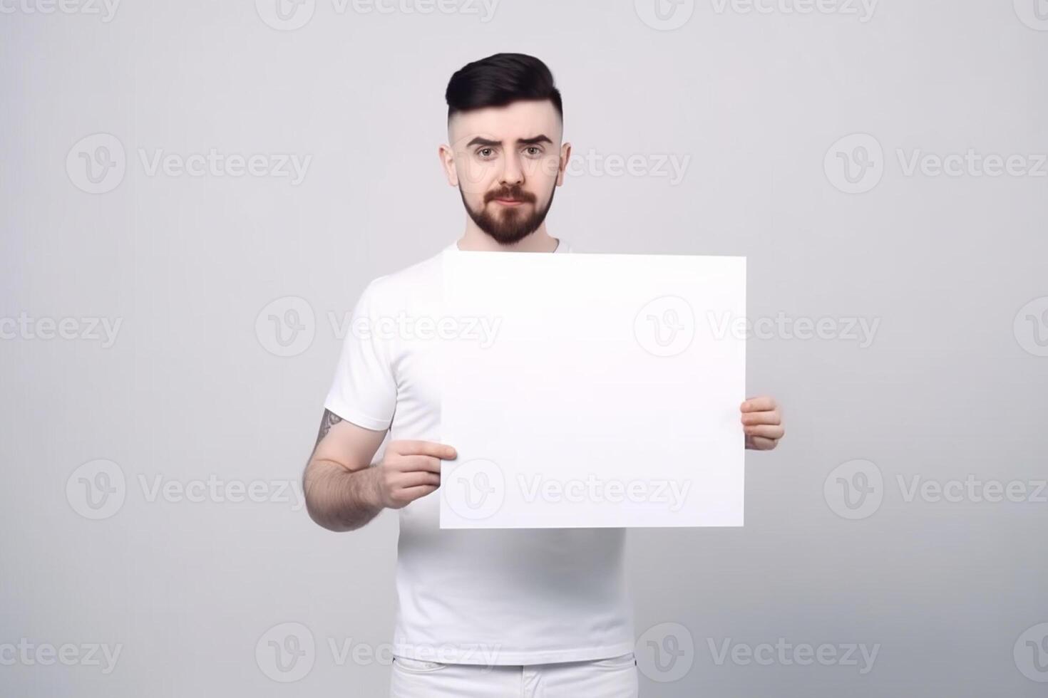 A man holds a blank white sign board mockup in his hand photo