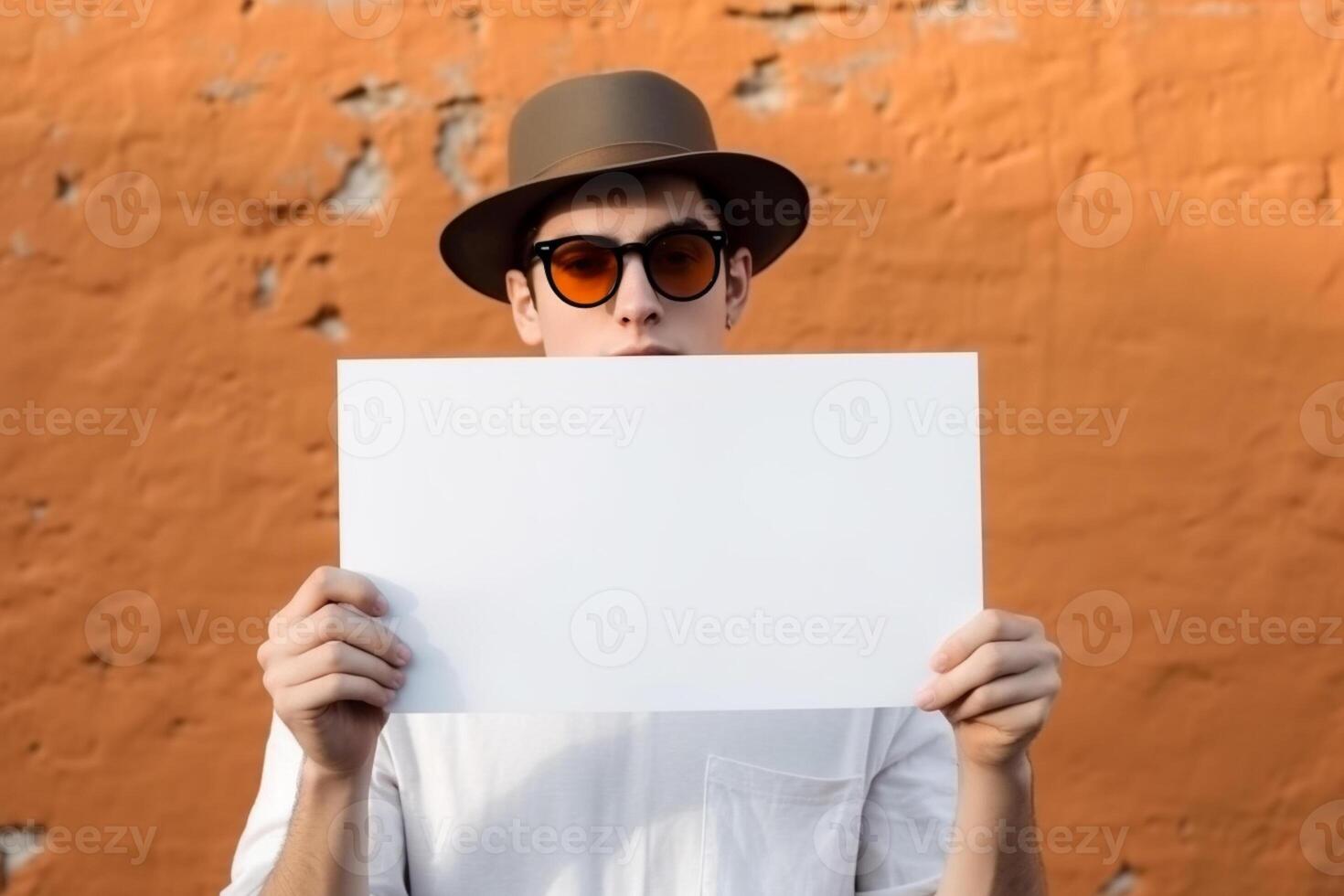 A man holds a blank white sign board mockup in his hand photo