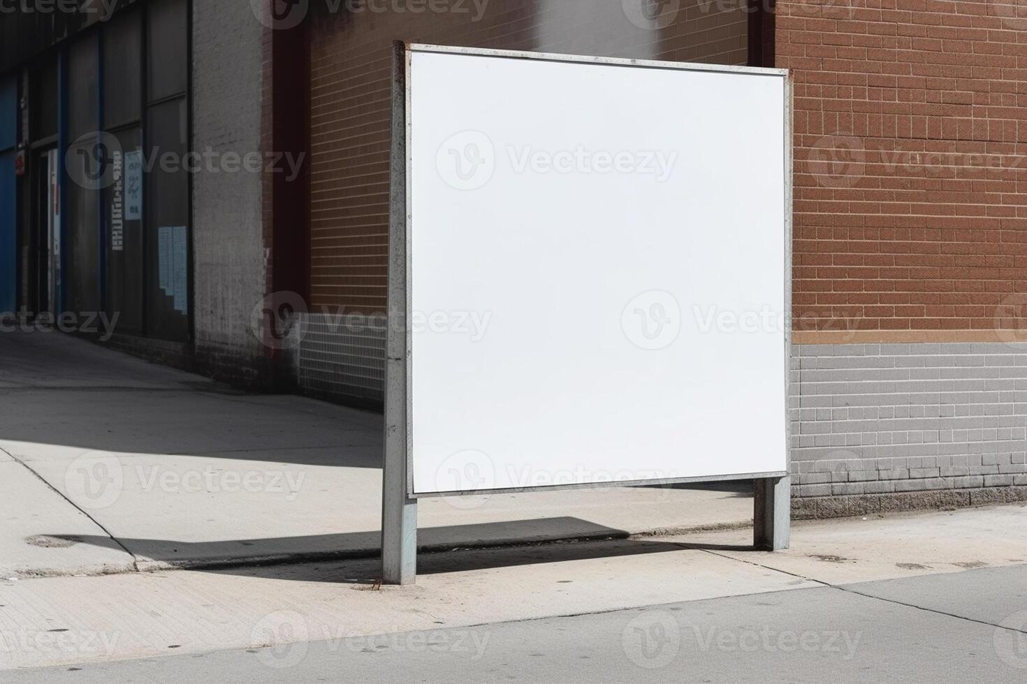 A blank white billboard mockup on a sidewalk in a city photo