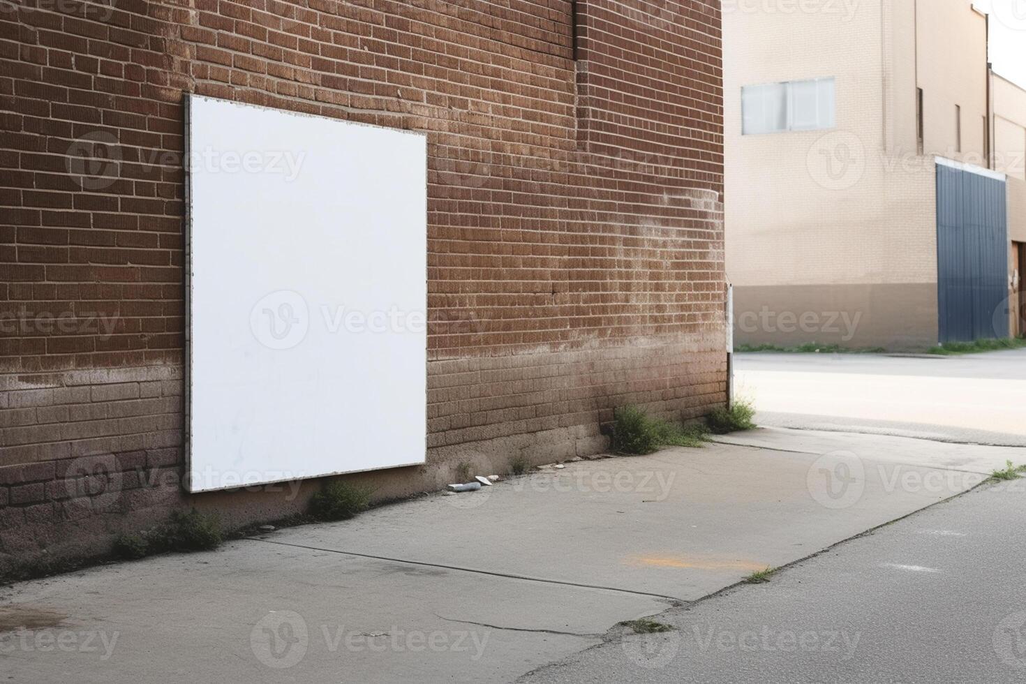 A blank white billboard mockup on a sidewalk in a city photo