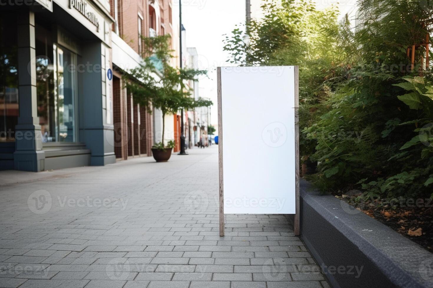 A blank white billboard mockup on a sidewalk in a city photo