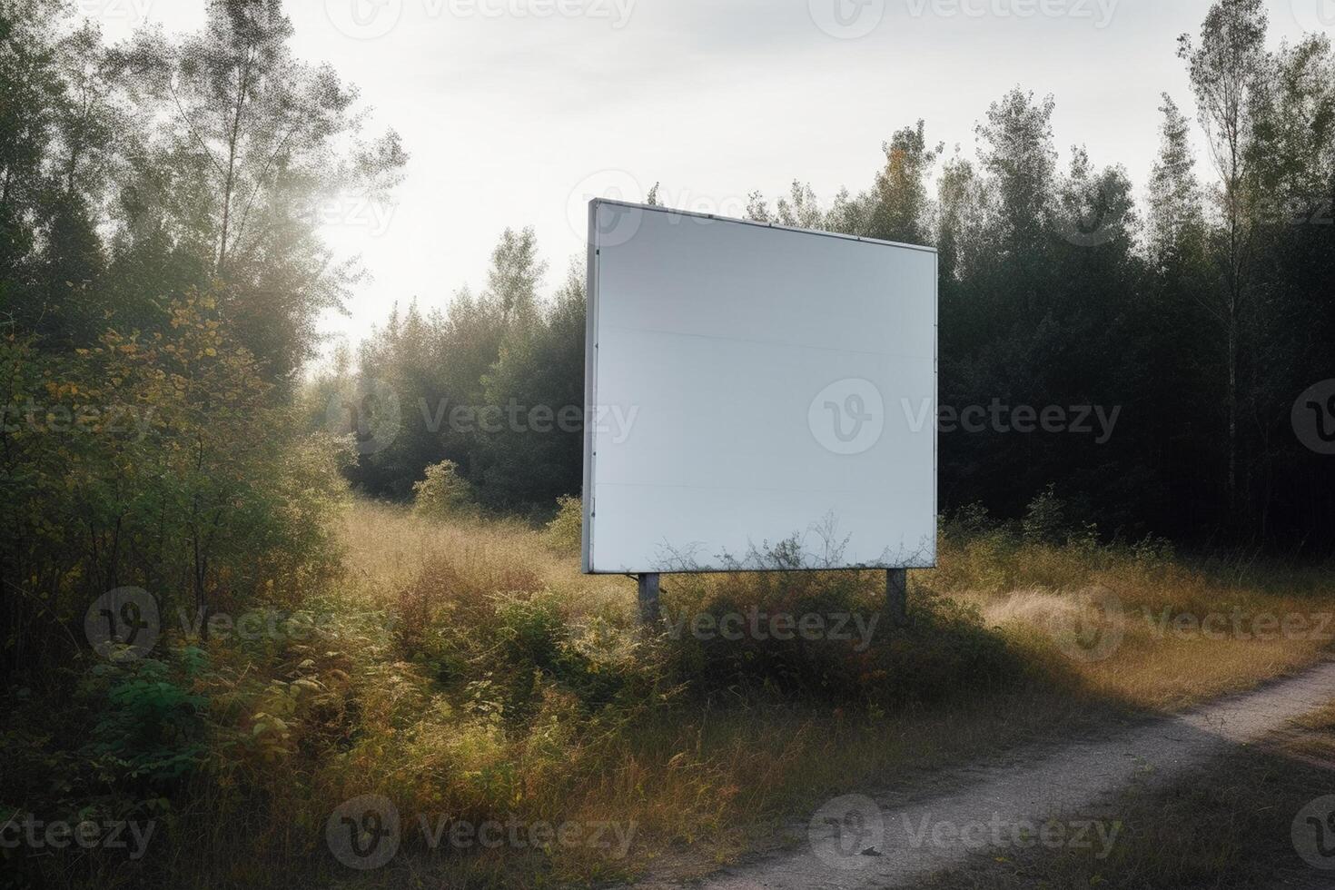 A blank white billboard mockup on a sidewalk in a city photo