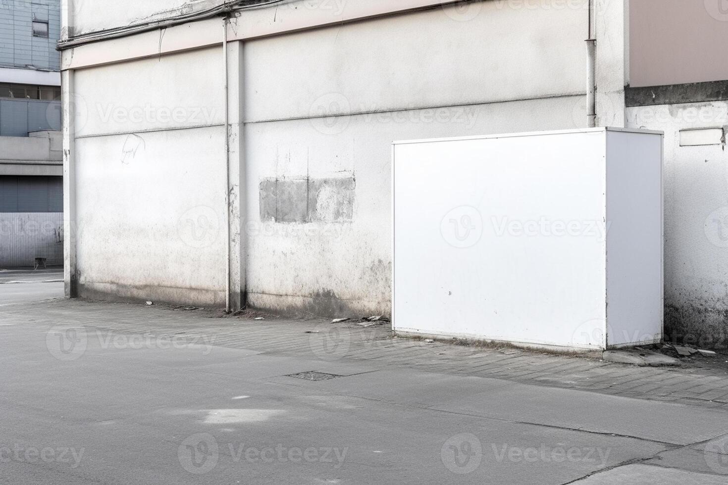 A blank white billboard mockup on a sidewalk in a city photo