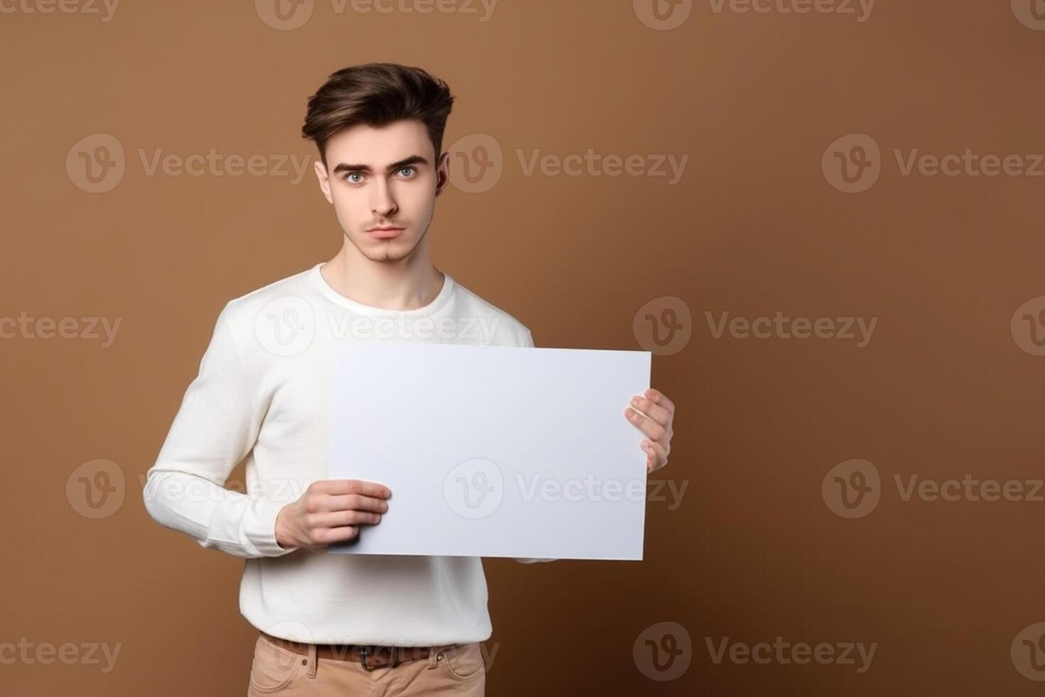 A man holds a blank white sign board mockup in his hand photo