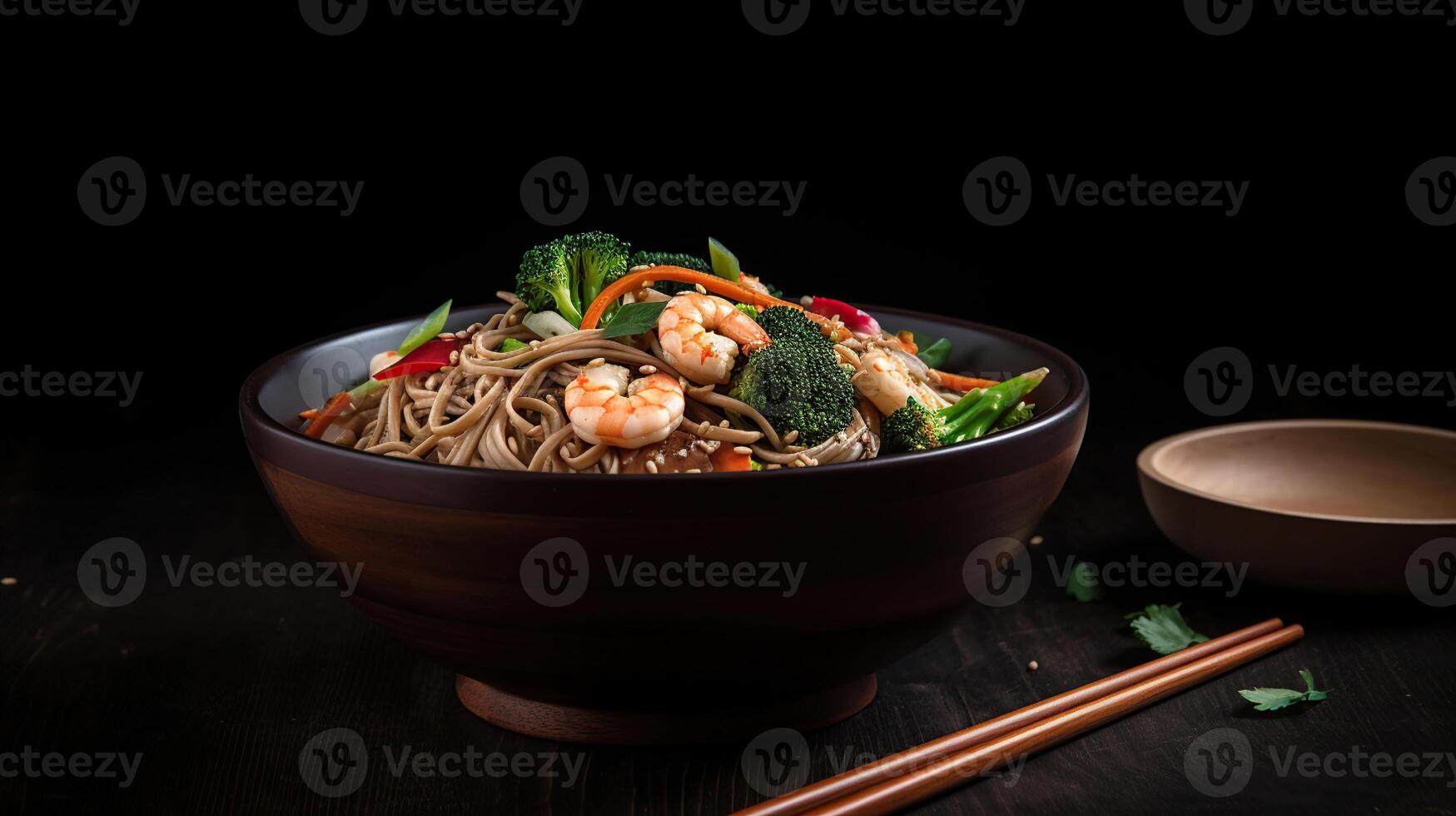 Stir fry noodles with vegetables and beef in black bowl, photo