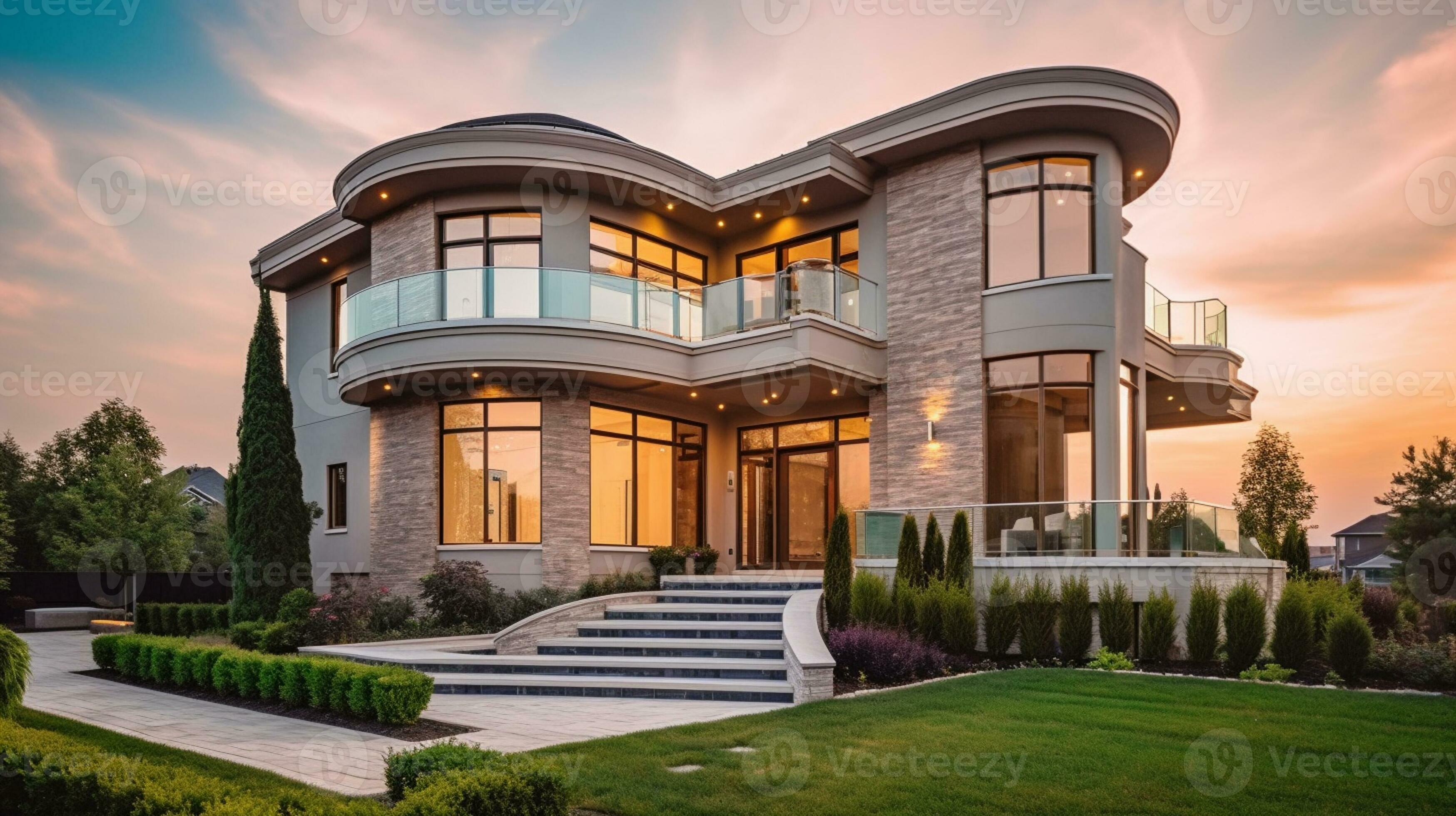 AI Generative Exterior of modern luxury house with garden and beautiful