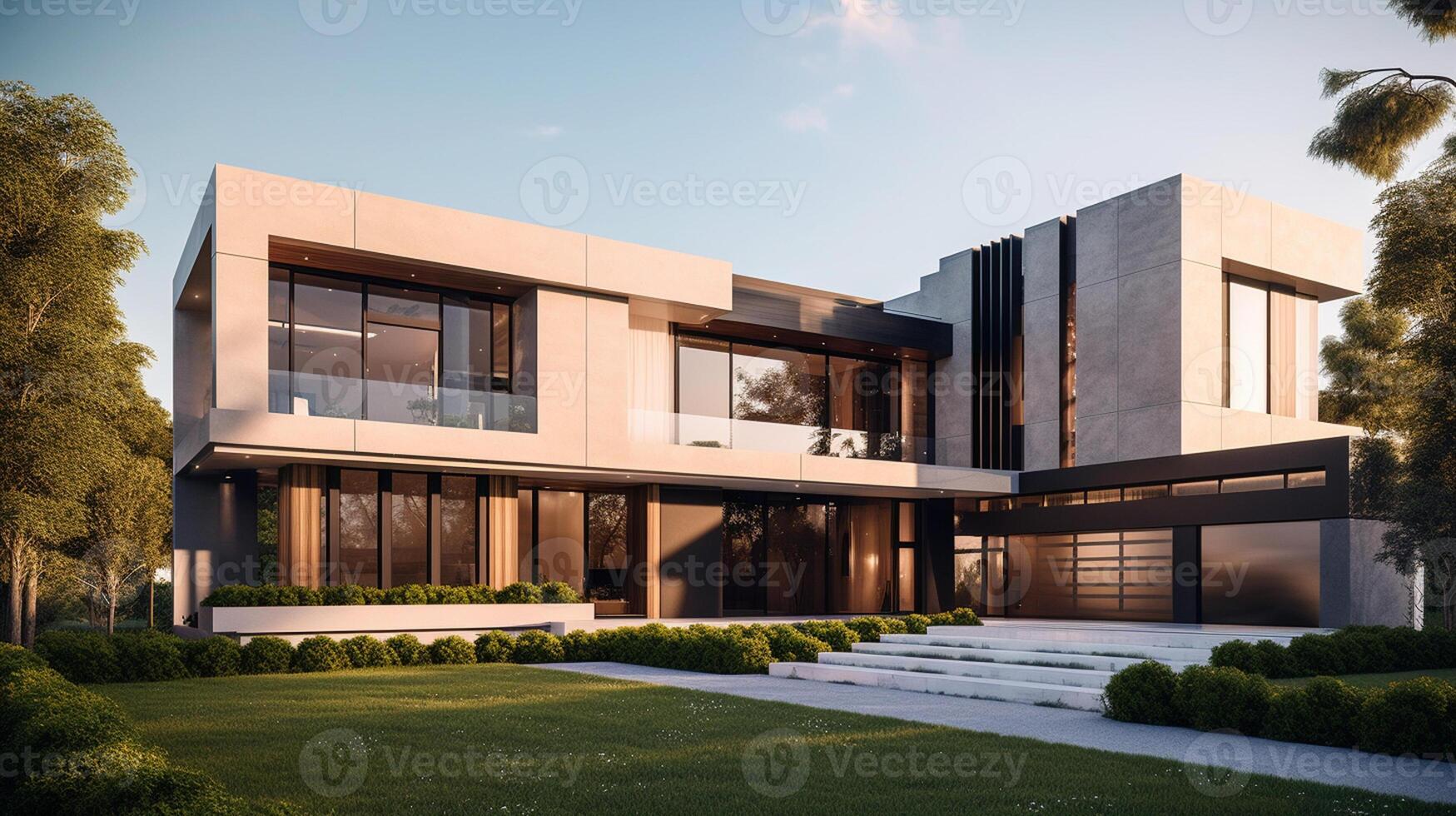 Exterior of modern luxury house with garden and beautiful sky, photo
