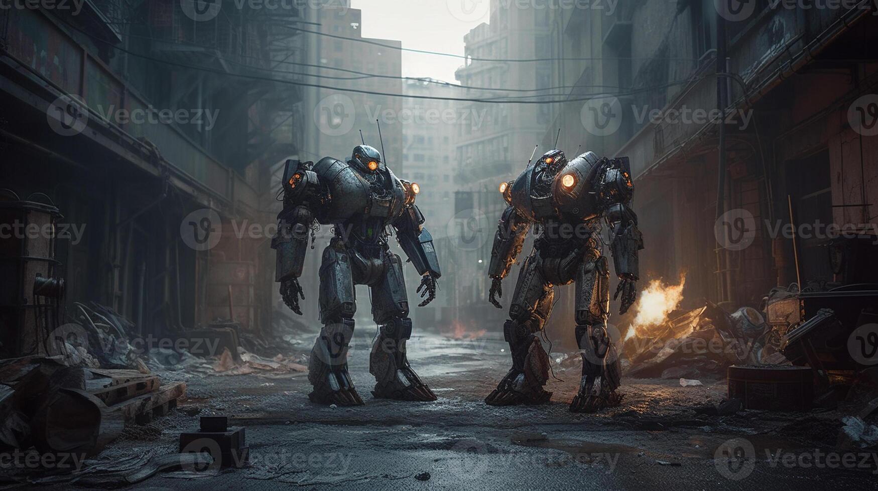 A futuristic clash between two immense robotic warriors photo