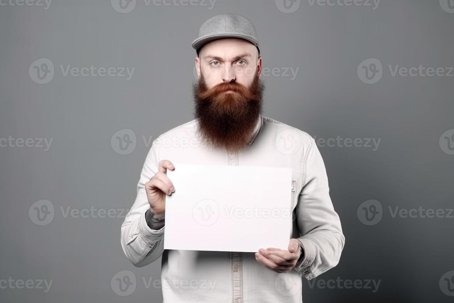 A man holds a blank white sign board mockup in his hand photo