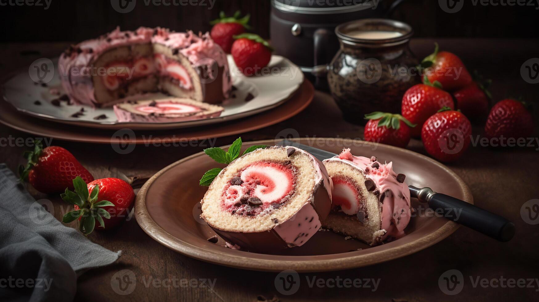 Pink plate with pieces of delicious sponge cake roll, fresh strawberries, napkin and chocolate on light background, photo