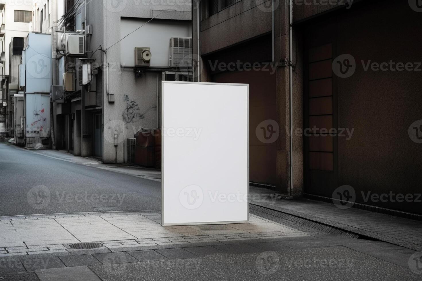 A blank white billboard mockup on a sidewalk in a city photo