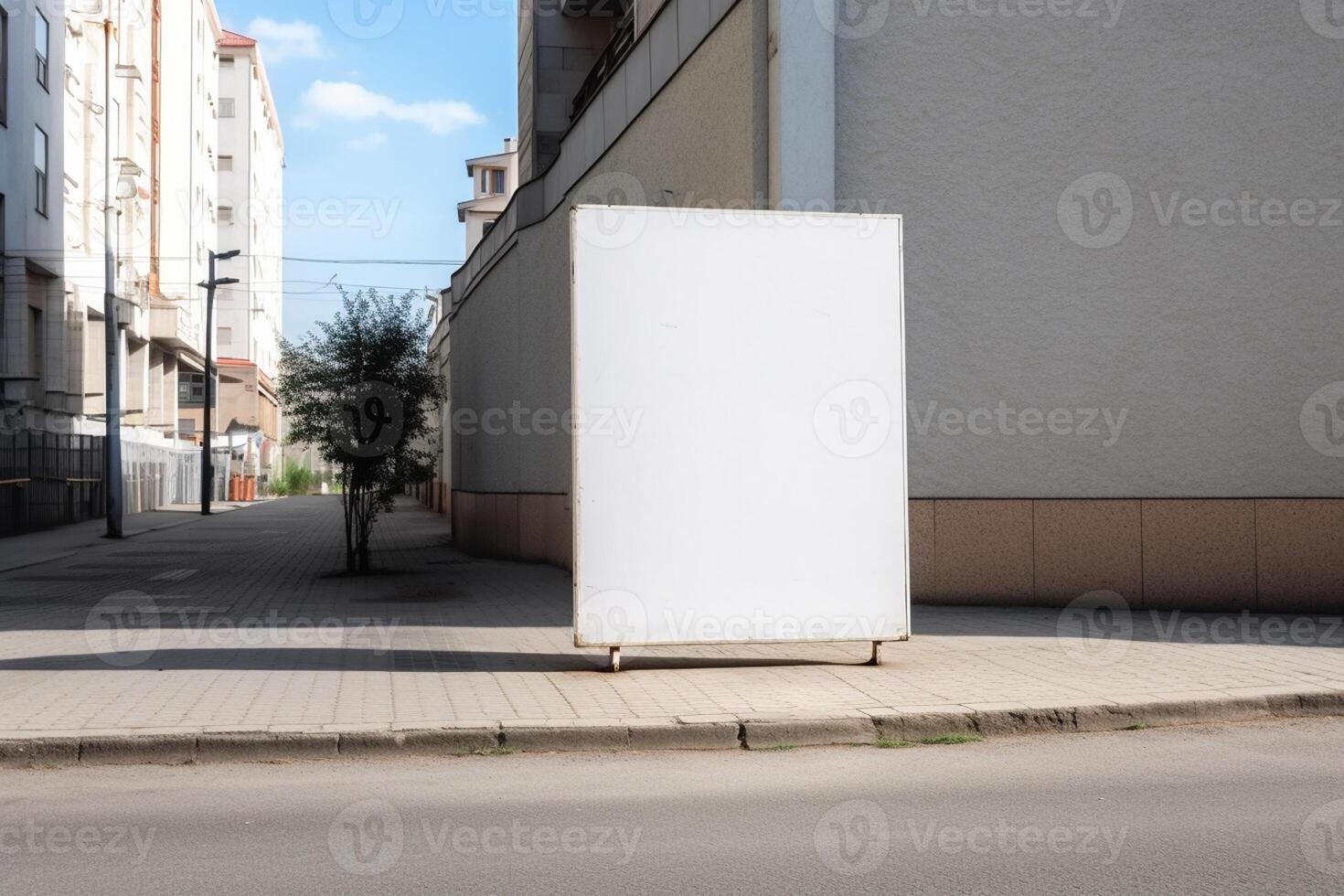 A blank white billboard mockup on a sidewalk in a city photo