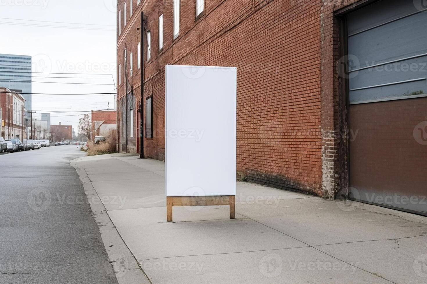 A blank white billboard mockup on a sidewalk in a city photo