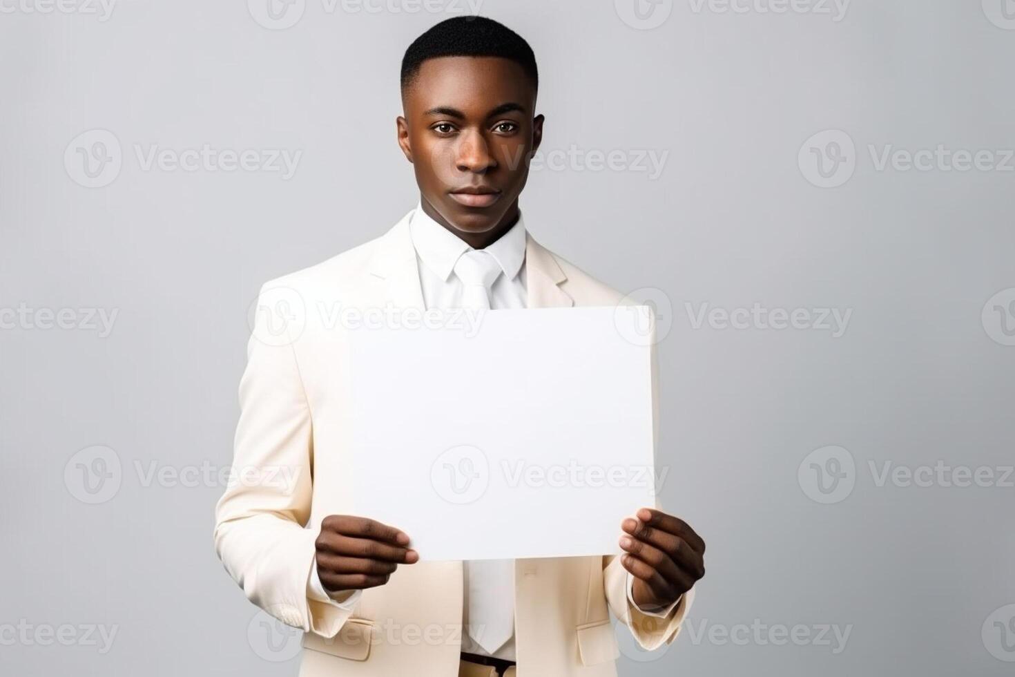 A man holds a blank white sign board mockup in his hand photo