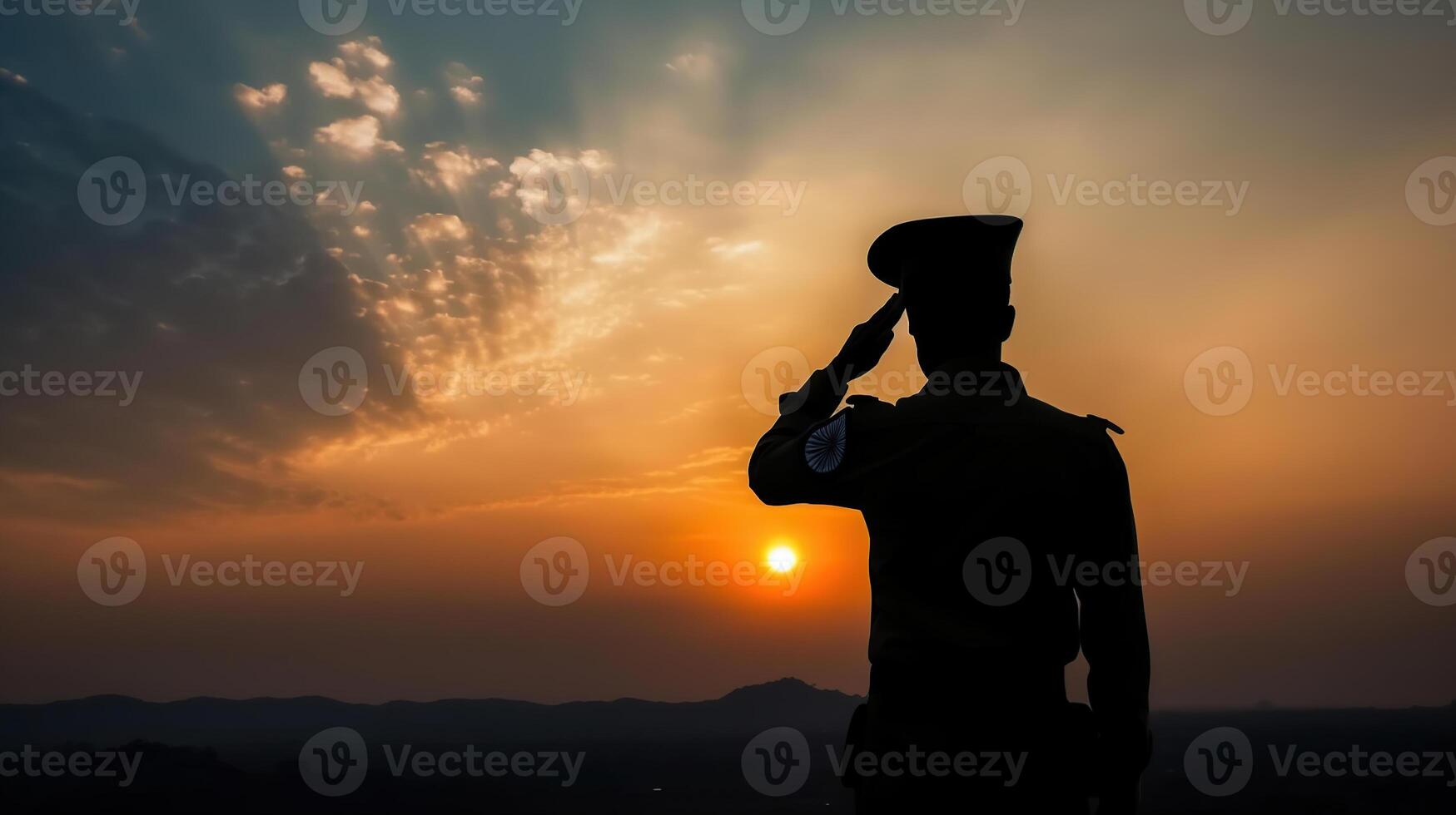 silueta de soldado saludando en un antecedentes de puesta de sol o el amanecer. saludo tarjeta para independencia día, república día. India celebracion, generativo ai foto