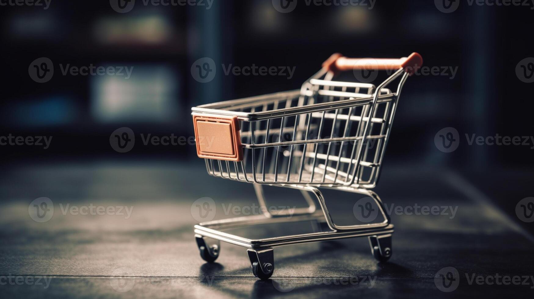 E-commerce concept. Shopping cart with boxes on a wooden table. photo