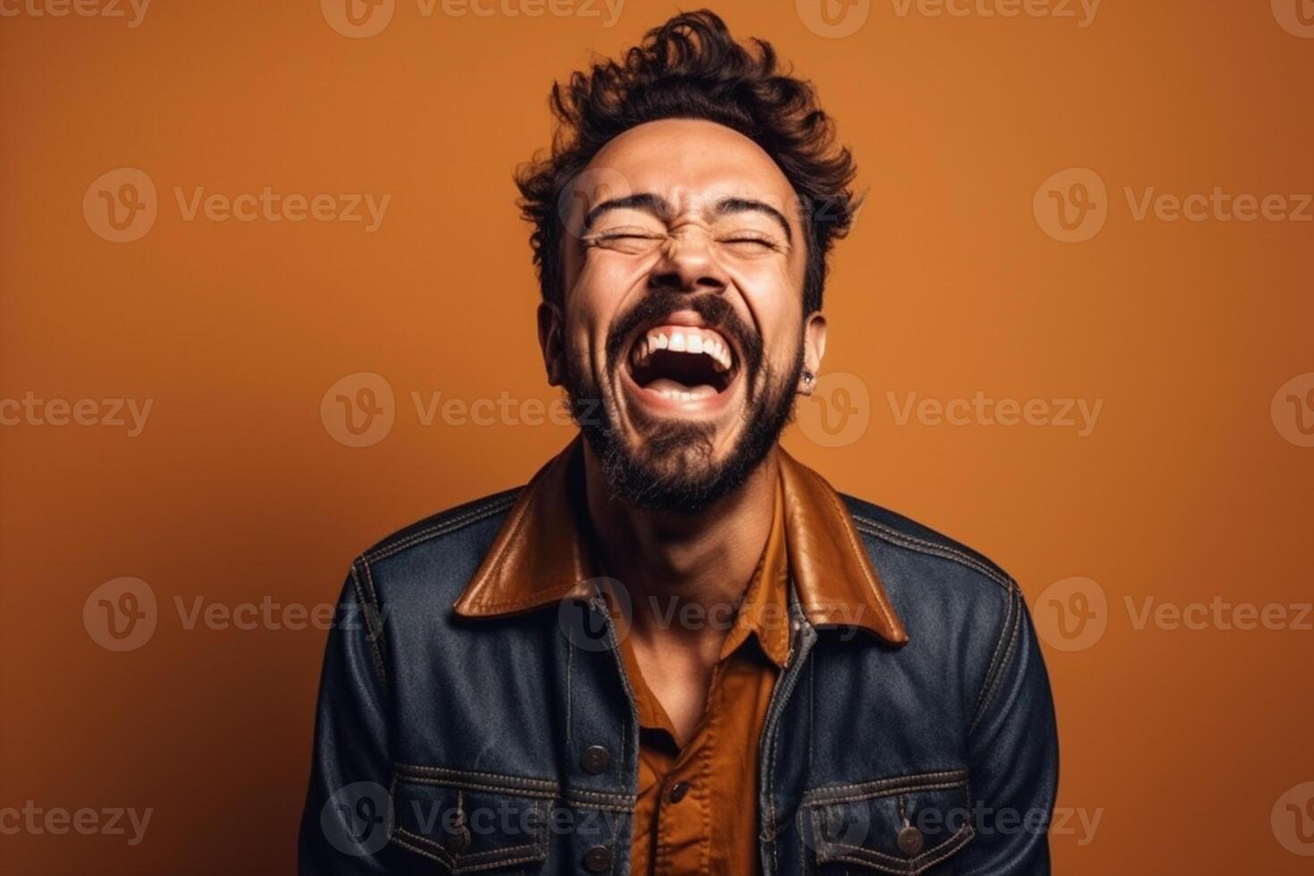 a man on solid color background photoshoot with Laugh face experession photo