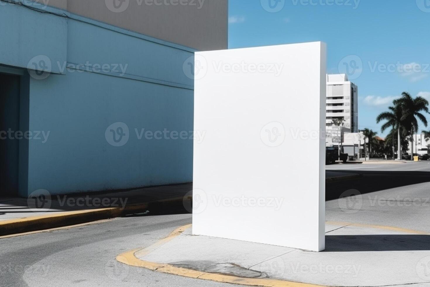 A blank white billboard mockup on a sidewalk in a city photo