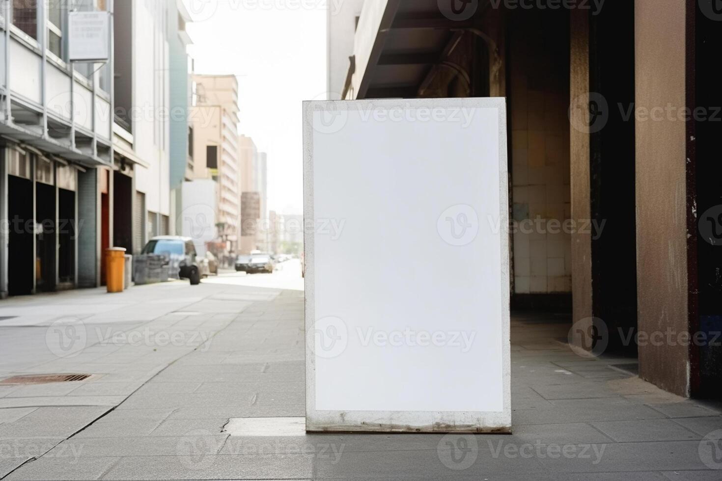 A blank white billboard mockup on a sidewalk in a city photo