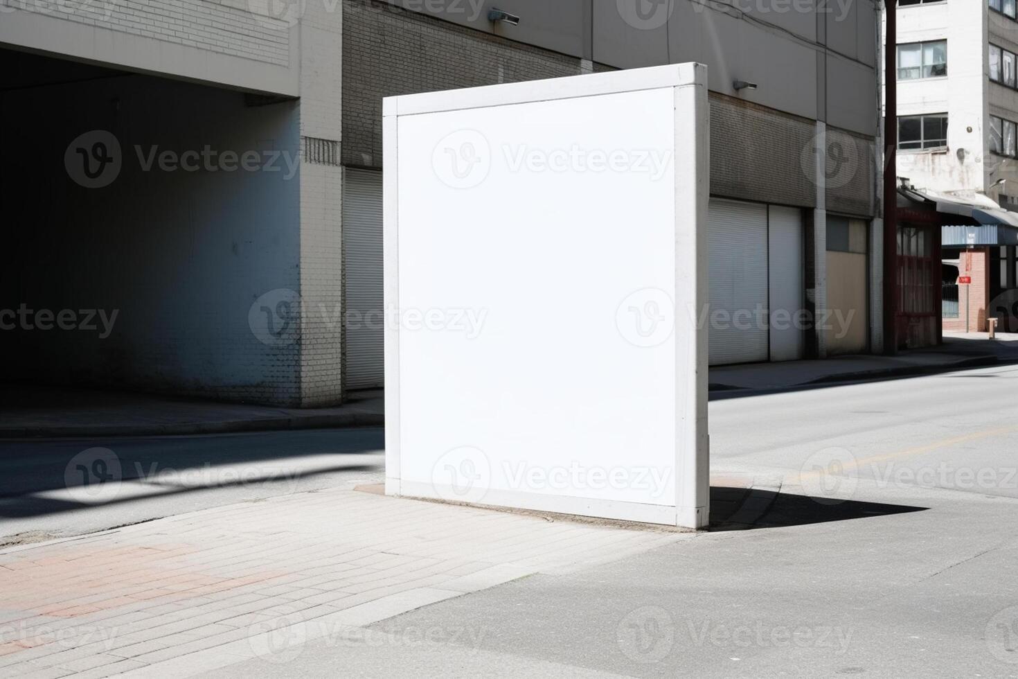 A blank white billboard mockup on a sidewalk in a city photo