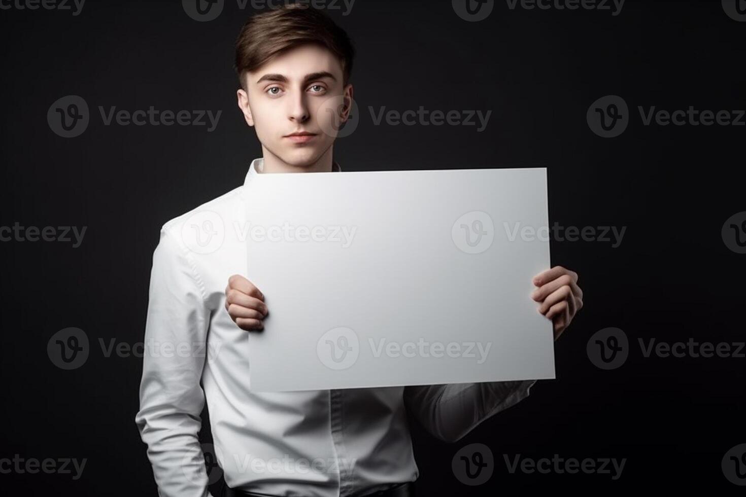 A man holds a blank white sign board mockup in his hand photo