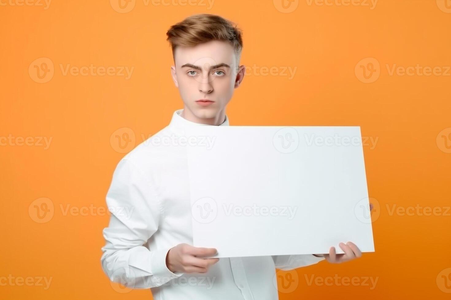 A man holds a blank white sign board mockup in his hand photo