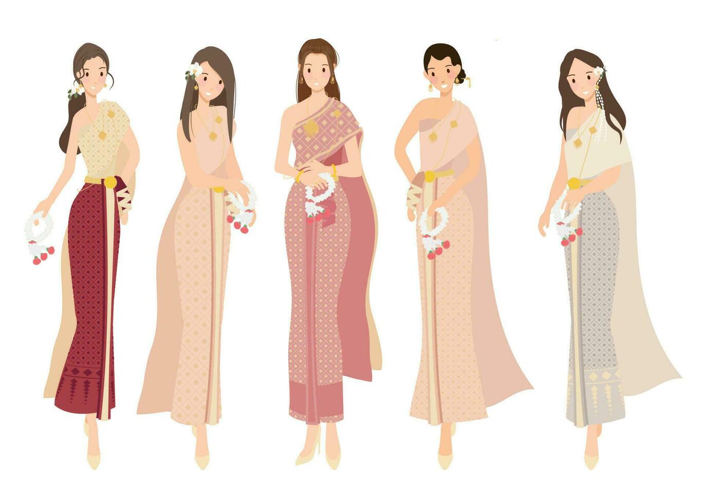 hermosa contento mujer novias en tailandés tradicional vestir plano estilo vector