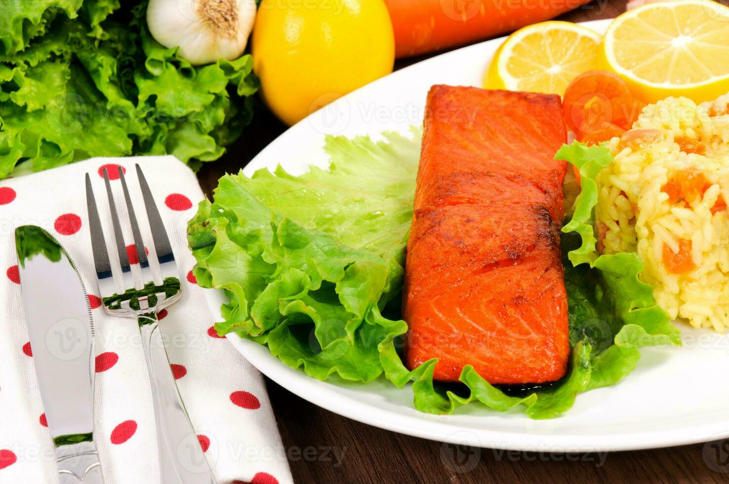 Red salmon and rice photo