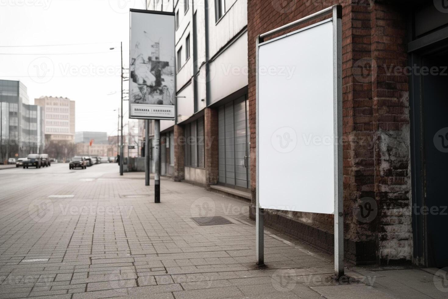 A blank white billboard mockup on a sidewalk in a city photo