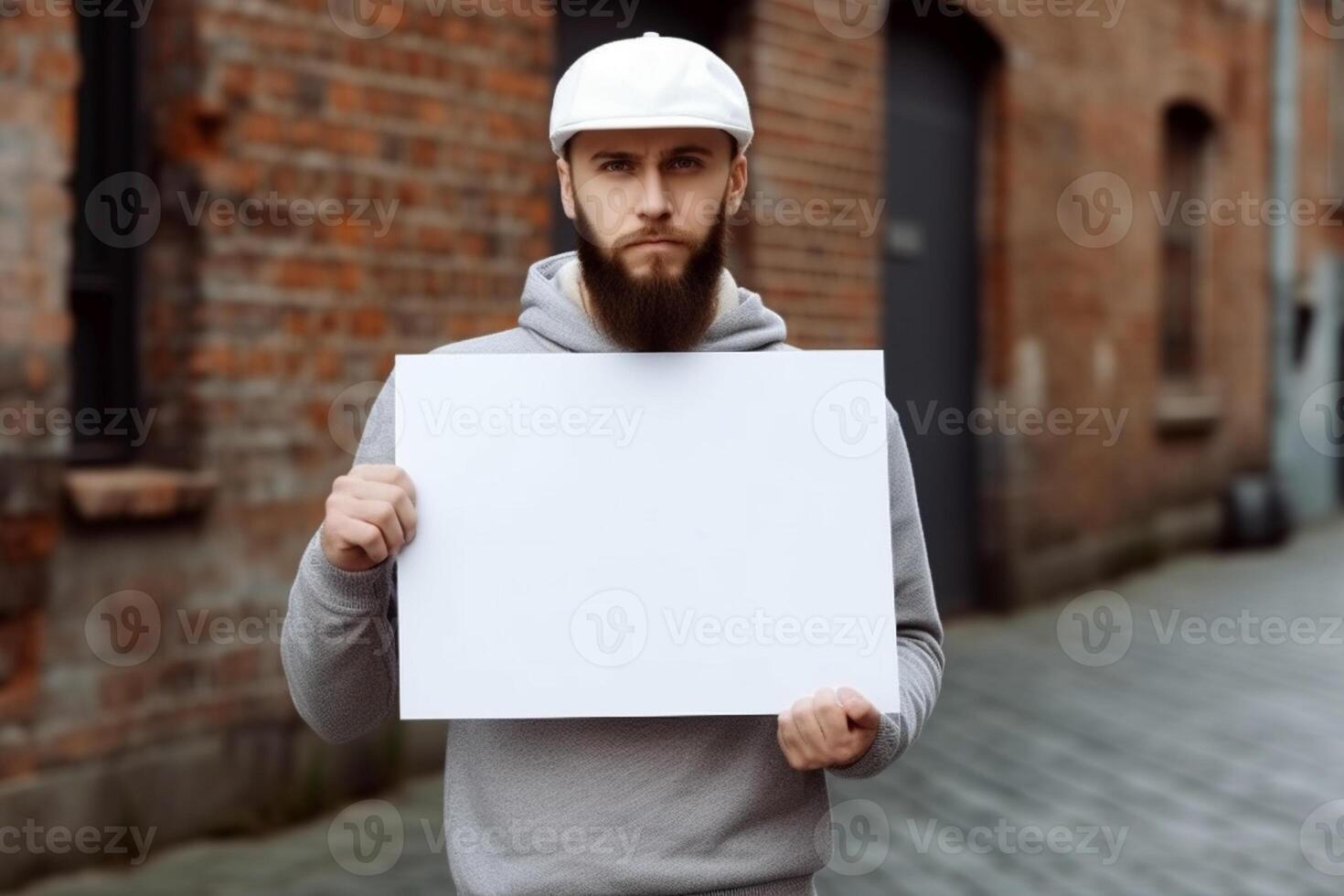 A man holds a blank white sign board mockup in his hand photo