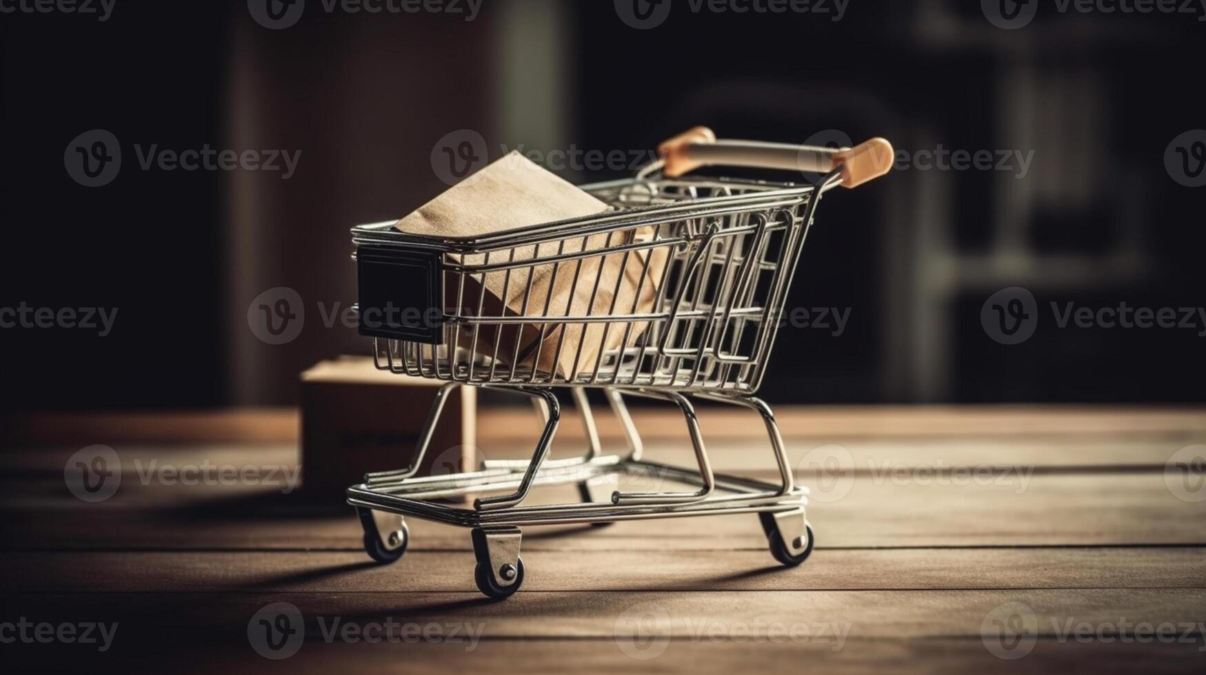 E-commerce concept. Shopping cart with boxes on a wooden table. photo