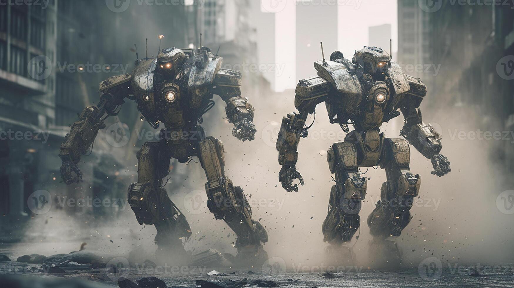 A futuristic clash between two immense robotic warriors photo