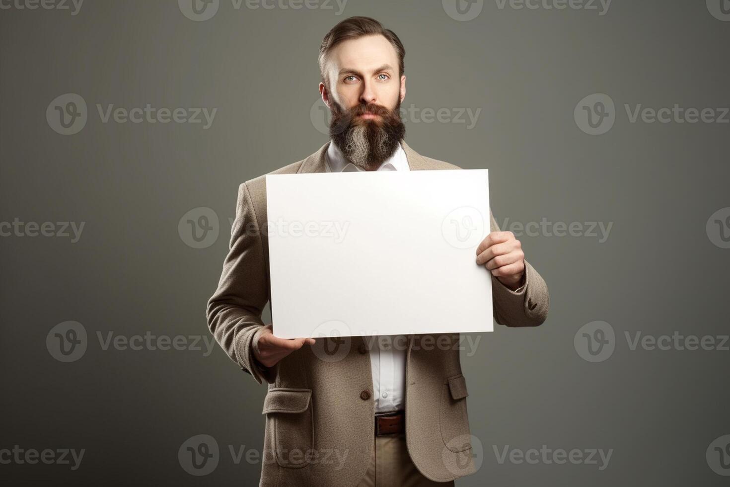 A man holds a blank white sign board mockup in his hand photo