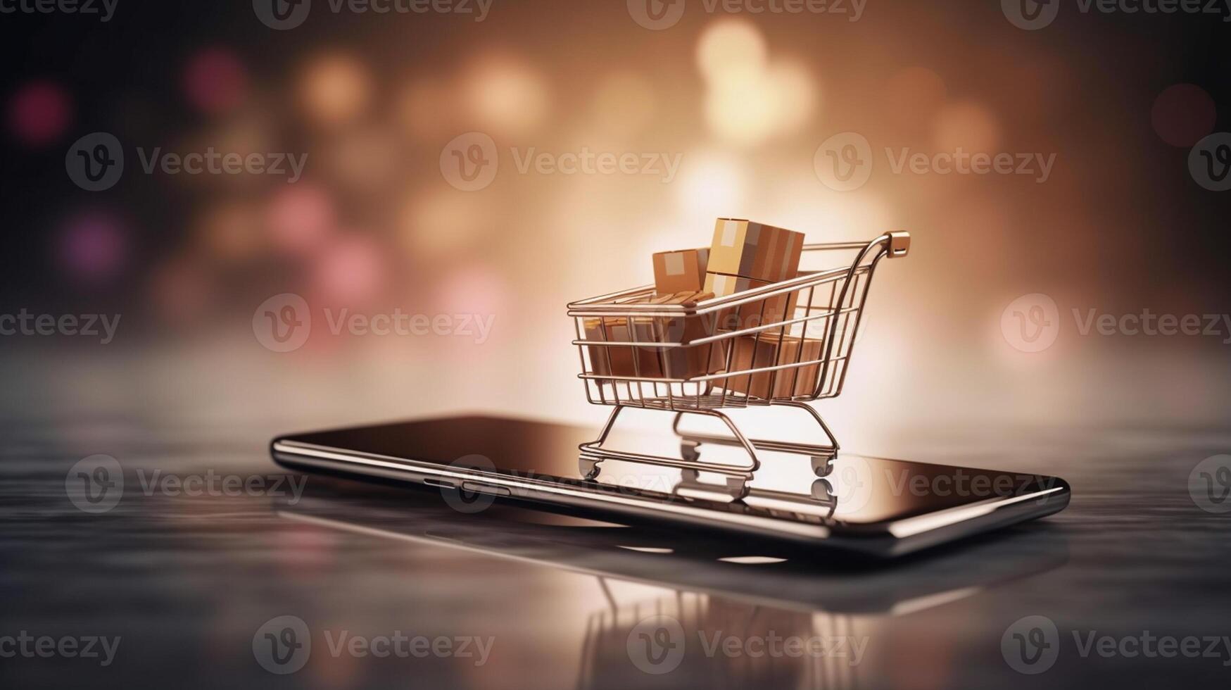 E-commerce concept. Shopping cart with boxes on a wooden table. photo