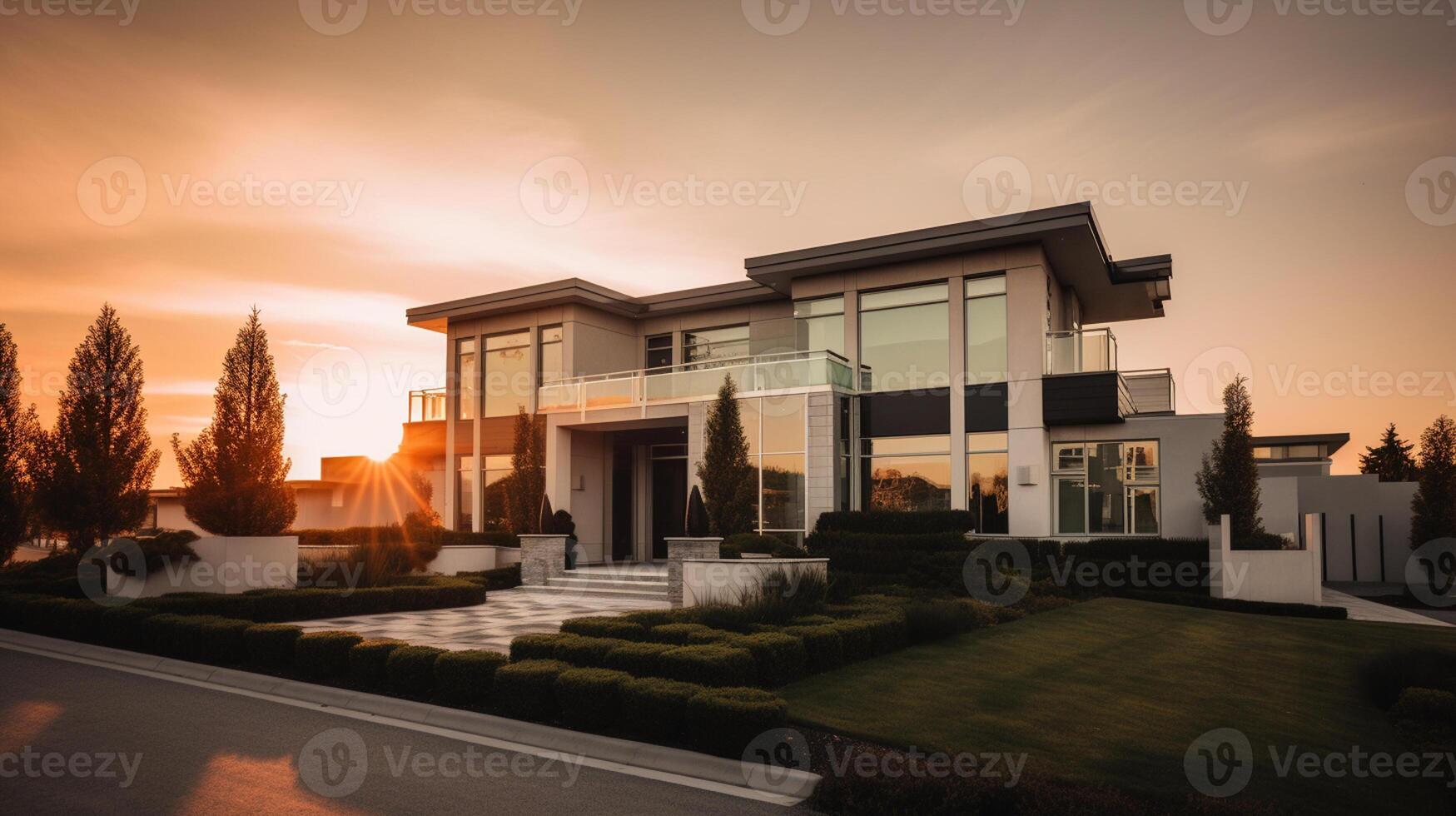 Exterior of modern luxury house with garden and beautiful sky, photo