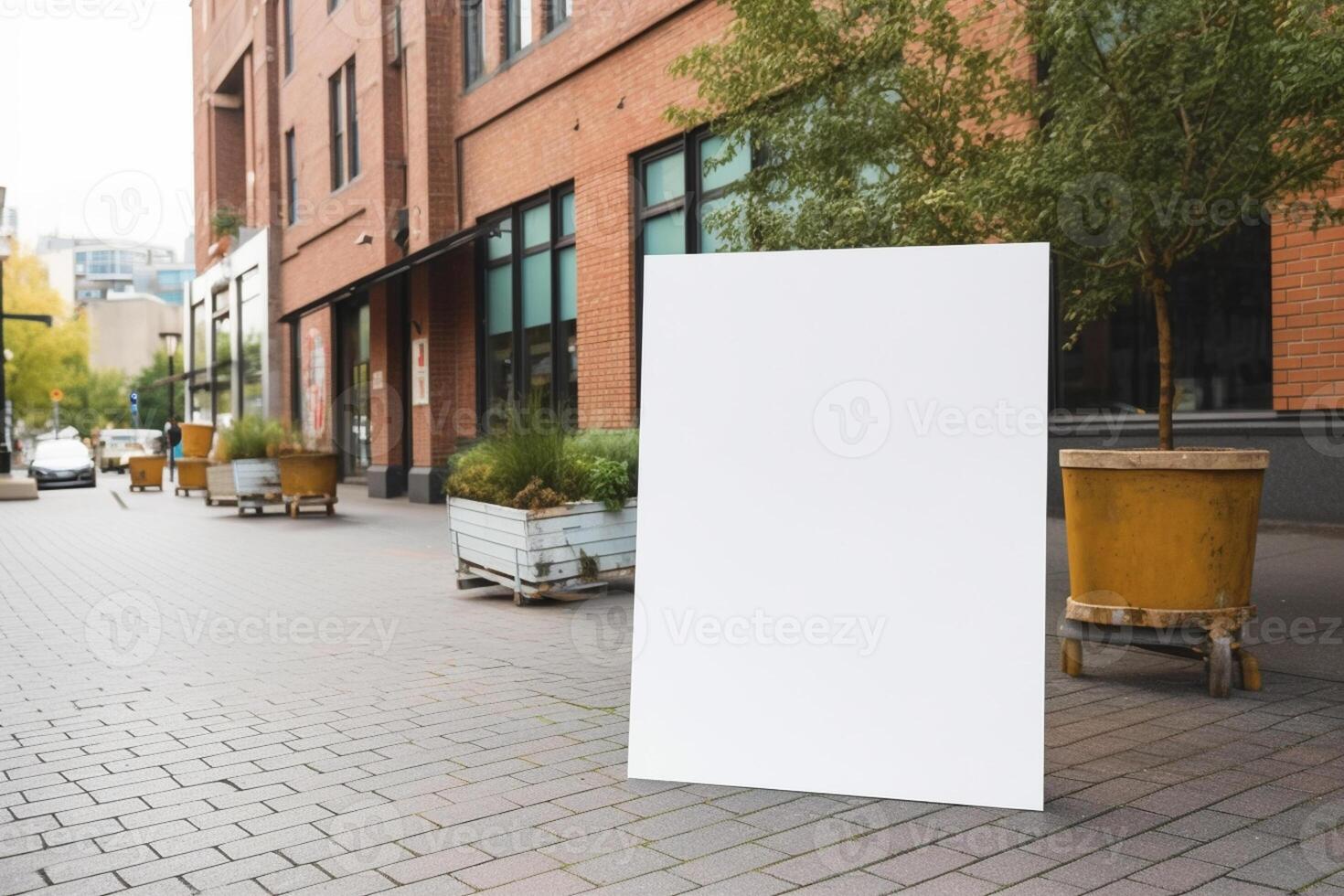 A blank white billboard mockup on a sidewalk in a city photo