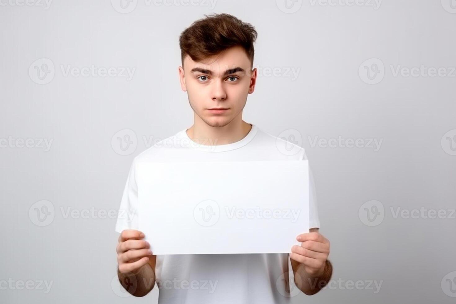 A man holds a blank white sign board mockup in his hand photo