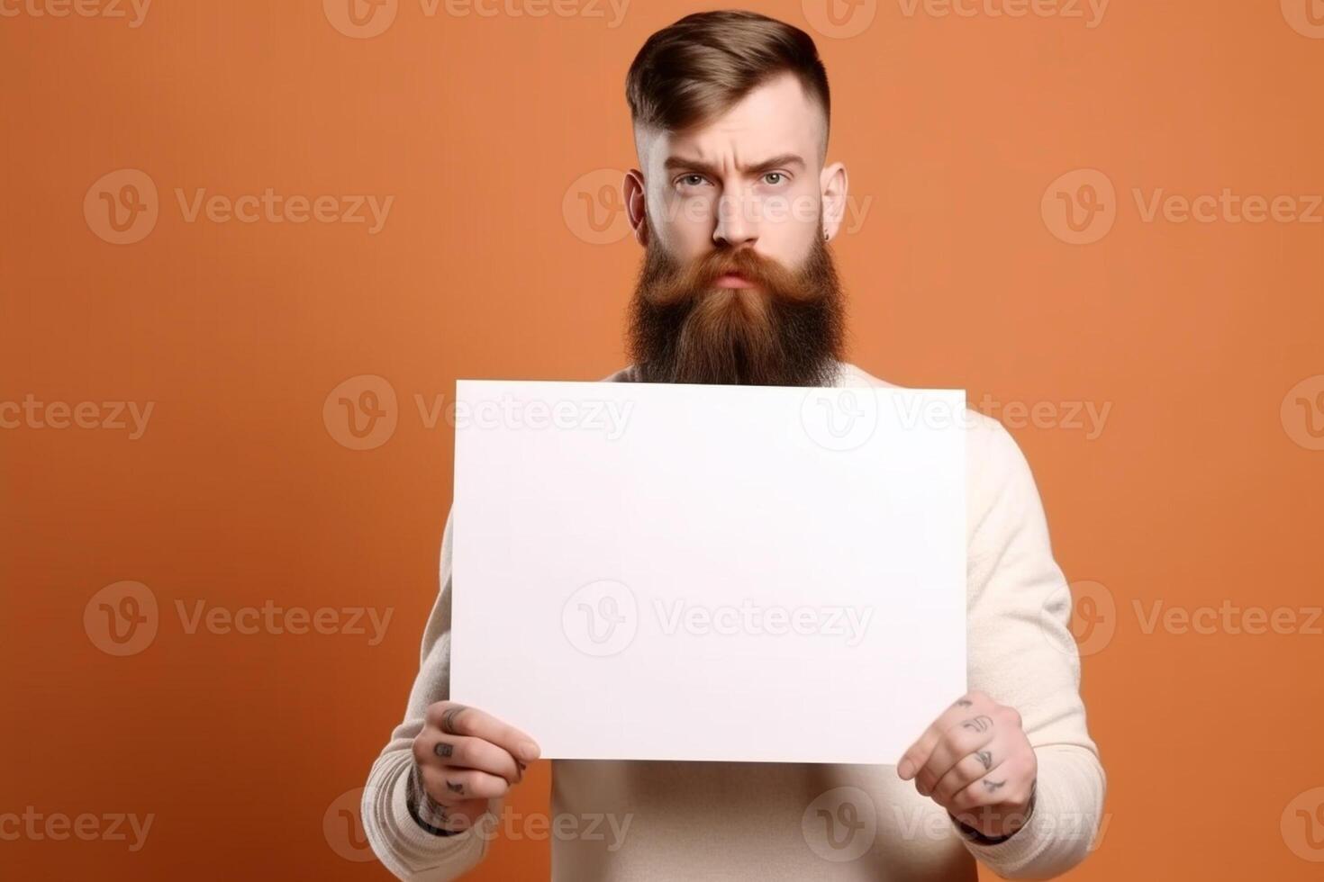 A man holds a blank white sign board mockup in his hand photo