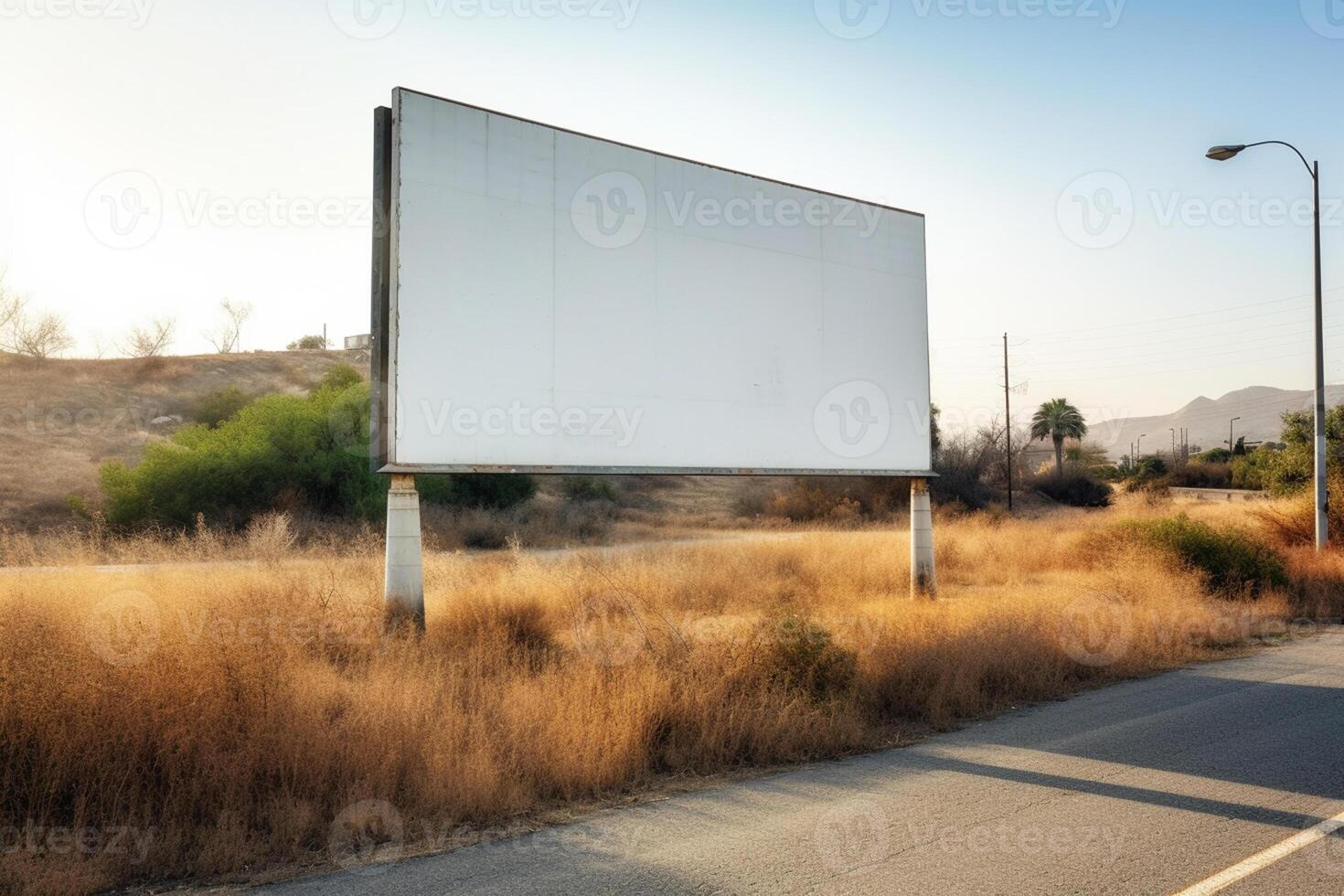 A blank white billboard mockup on a sidewalk in a city photo