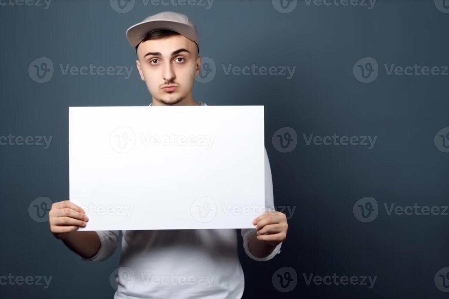 A man holds a blank white sign board mockup in his hand photo