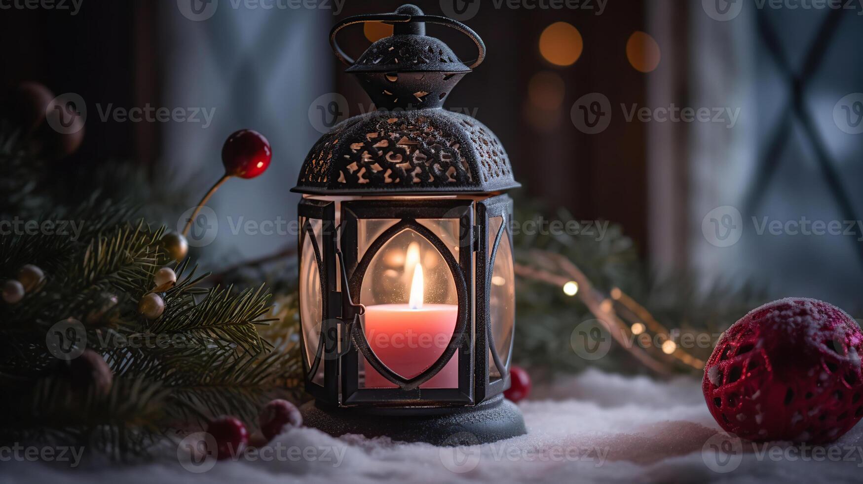 Christmas Lantern On Snowy Table With Fir Branches And Ornaments, photo