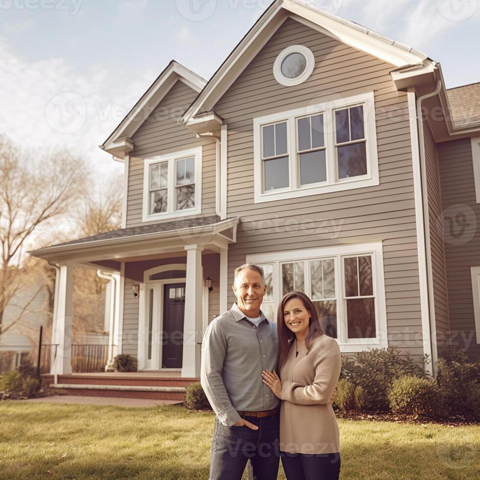 ai generativo retrato de contento maduro Pareja en pie en frente de su nuevo casa foto