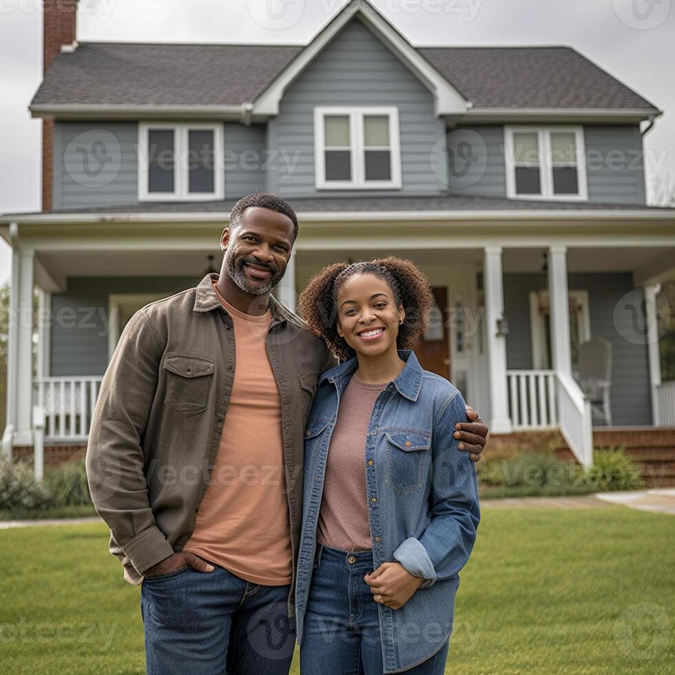 Portrait of happy mature couple standing in front of their new house photo