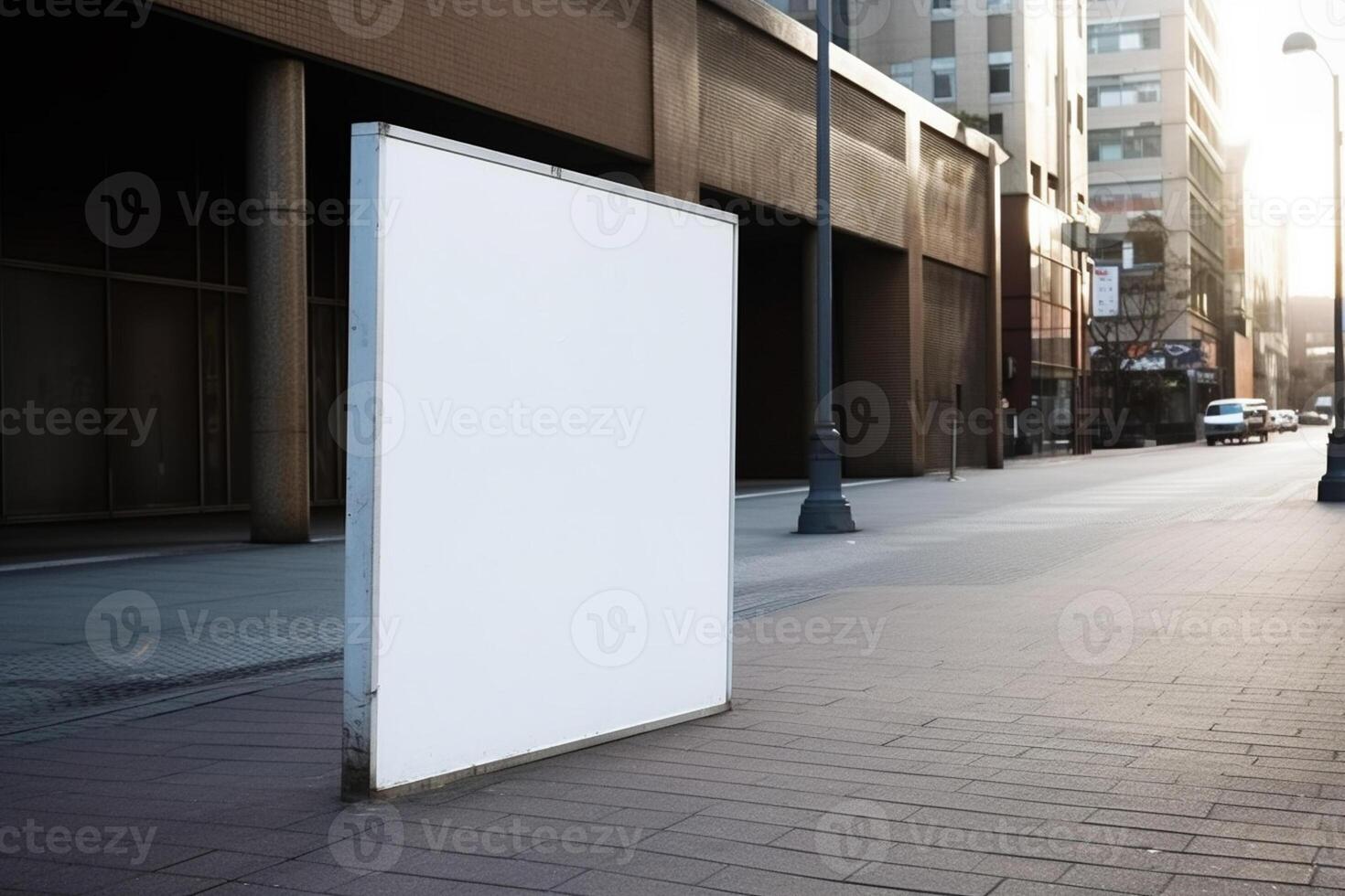 A blank white billboard mockup on a sidewalk in a city photo