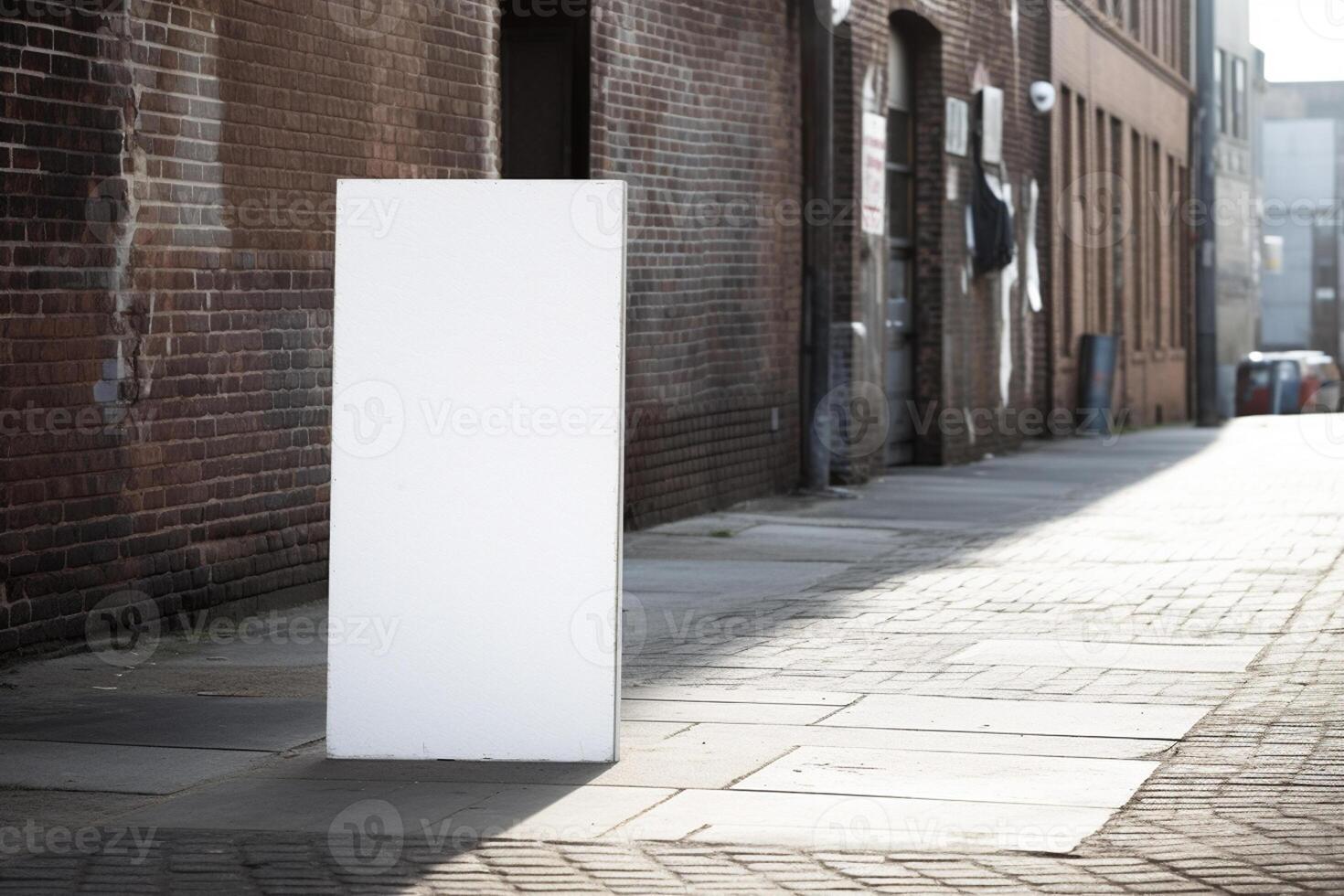 A blank white billboard mockup on a sidewalk in a city photo