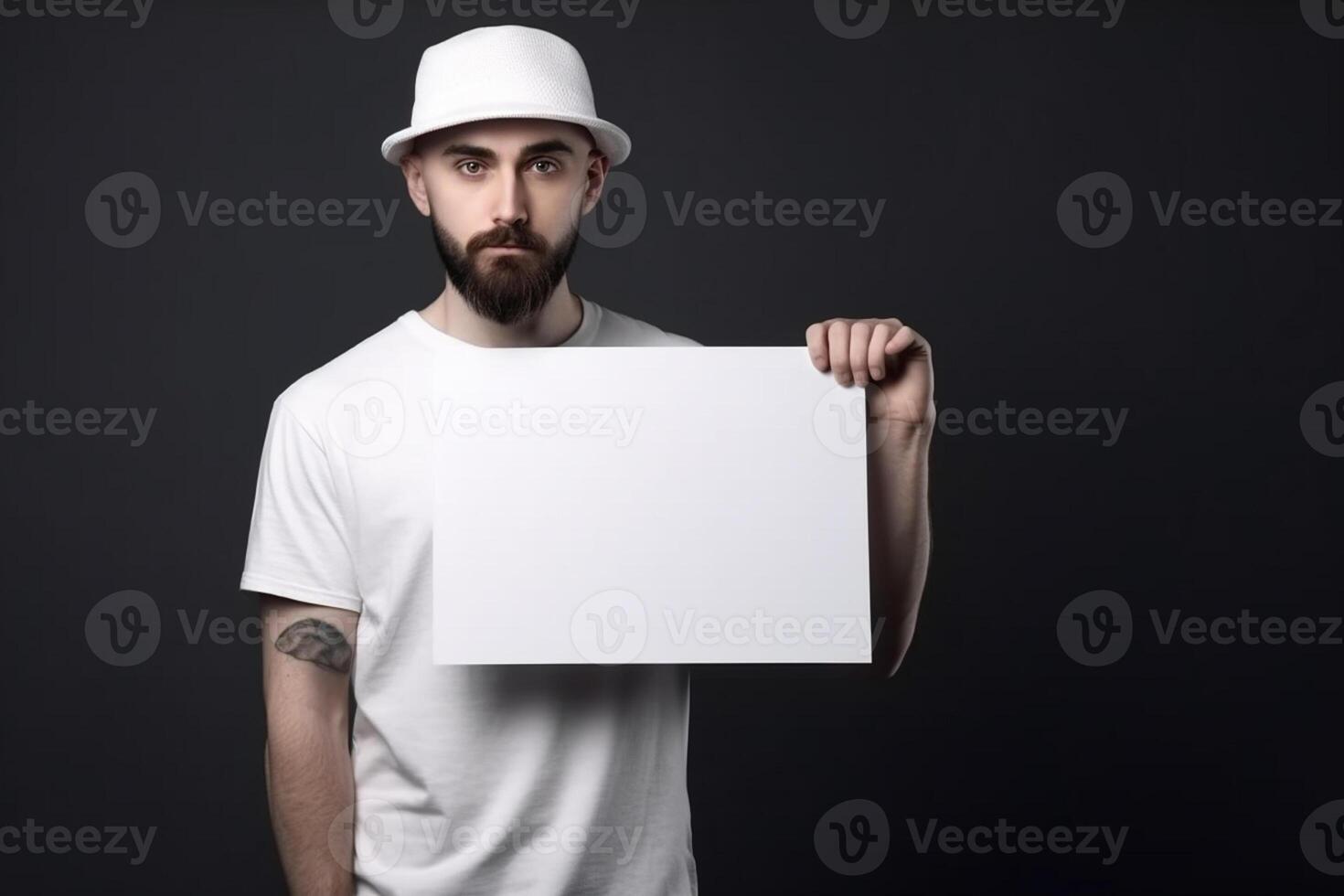 A man holds a blank white sign board mockup in his hand photo